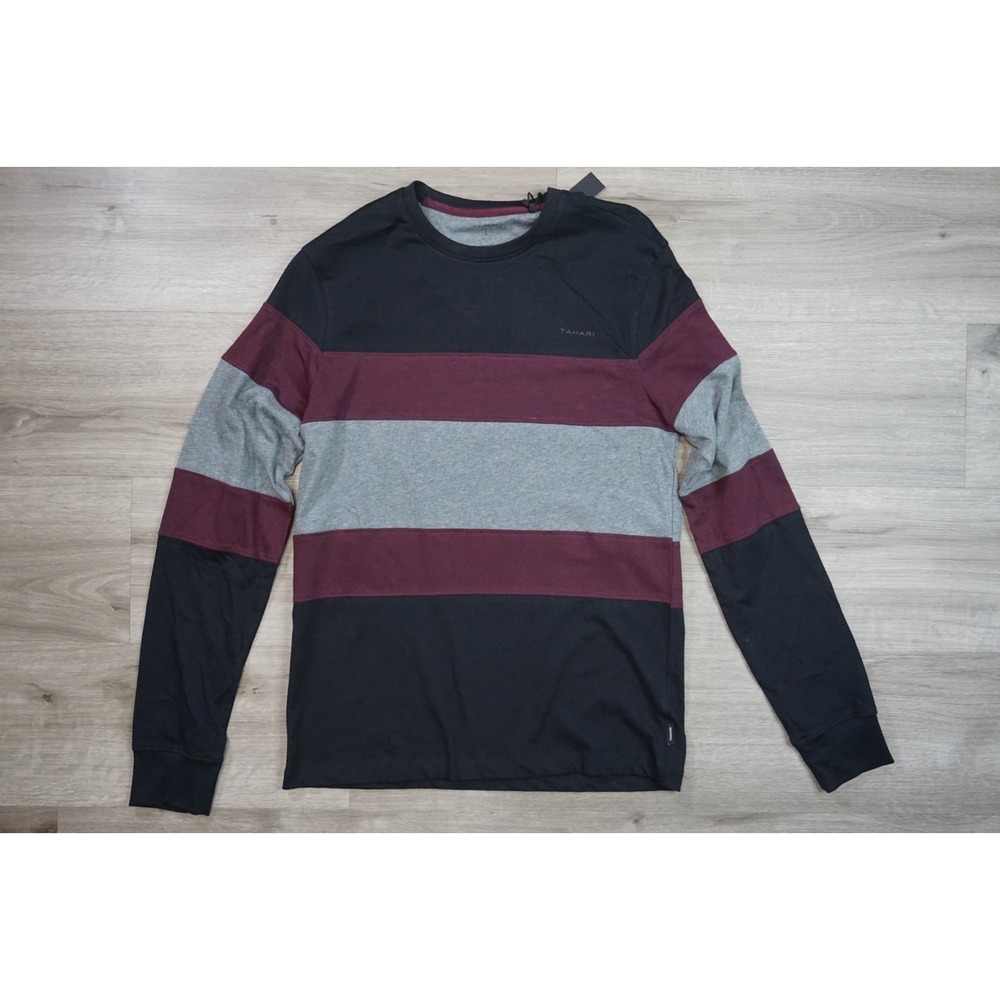 New $59 Tahari Men's Small Long Sleeve Black Burgundy Gray Striped Crew T-Shirt